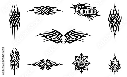 Tribal tattoo designs with Borropts lettering on white background