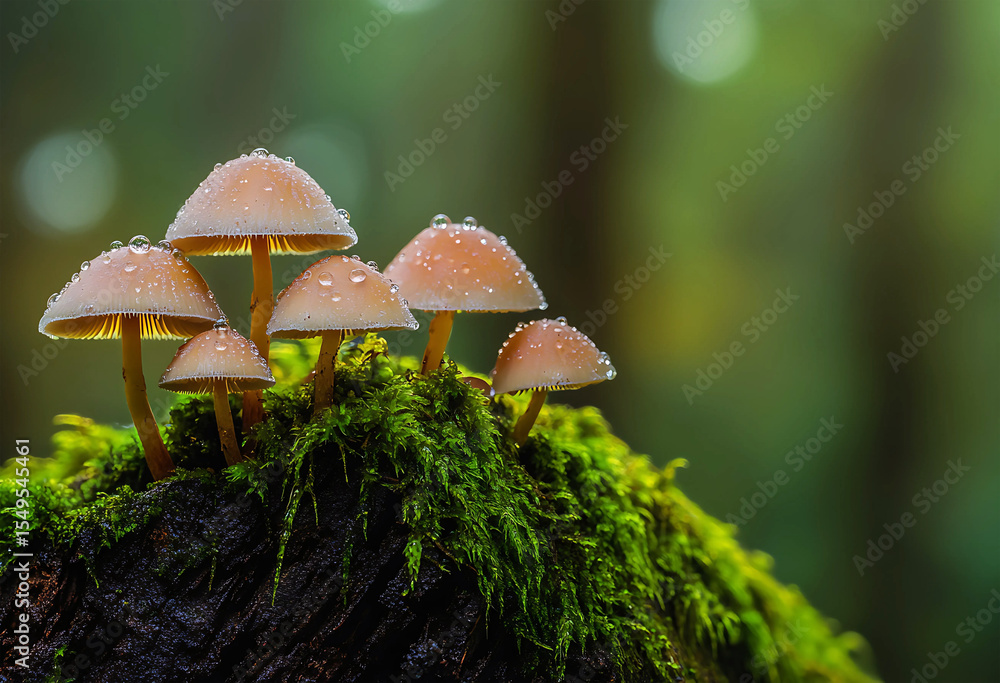 Fototapeta premium Small mushrooms growing on mossy log in forest