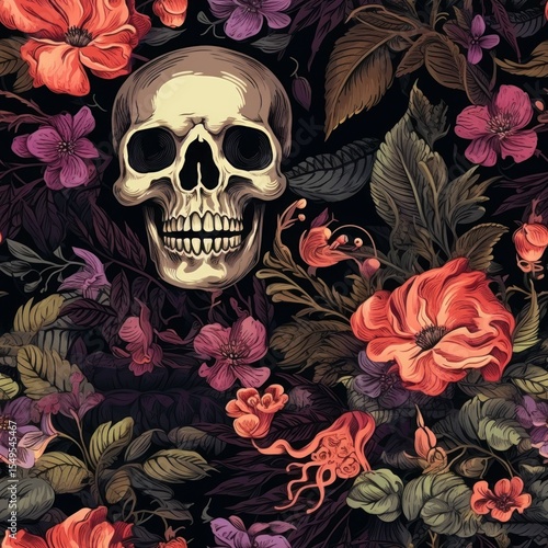 Vintage Floral Patterns Featuring Skulls in Detailed Illustrations for Artistic and Creative Projects