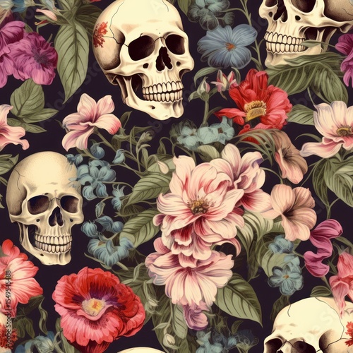 Vintage Floral Patterns Featuring Skulls in Intricate Designs for Unique Artistic Touch