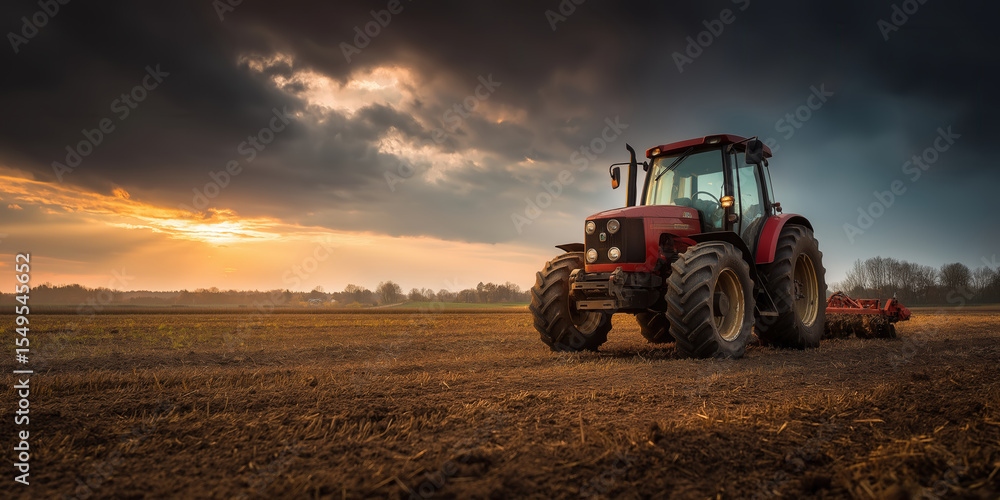 Obraz premium Rural scene with red tractor working in sunset field on a backdrop of dramatic sky.
