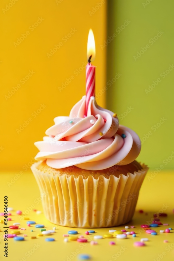 Frosted cupcake, single candle, confetti sprinkles, yellow backdrop, delicious, sweetness, party Frosted cupcake, single candle, confetti sprinkles, yellow backdrop, delicious, sweetness, party