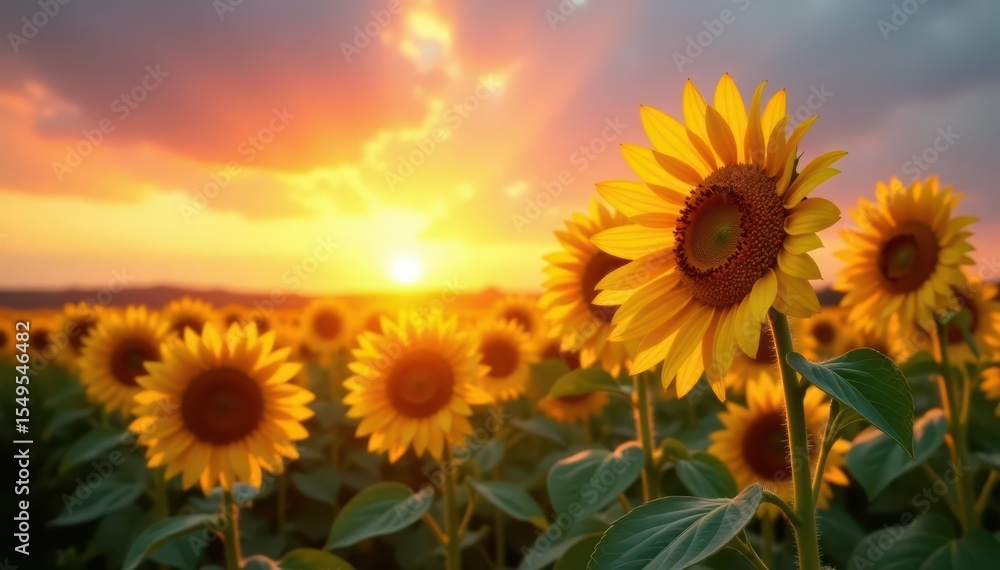 Obraz premium Golden hour light bathes tall sunflowers, vibrant sunset hues paint the sky , yellow, picture