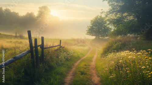 Misty morning landscape with the sun rising over a rural green field, trees, and a country road
