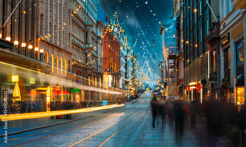 Helsinki, Finland. Aleksanterinkatu Street in Night Evening Christmas Xmas New Year Festive Street Illumination. Decorations During Winter Holidays At Night. Night stars sky