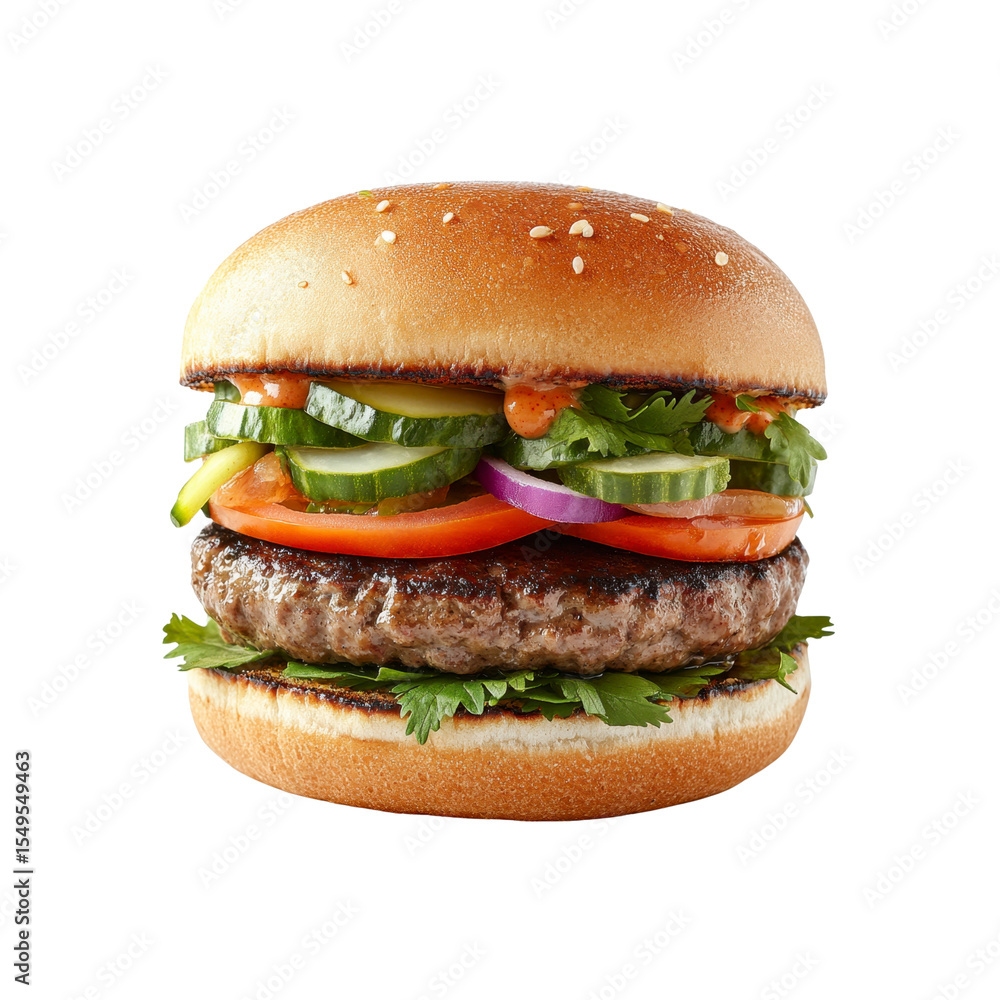 Juicy Beef Burger with Fresh Cucumber, Tomato, and Red Onion Juicy Beef Burger with Fresh Cucumber, Tomato, and Red Onion