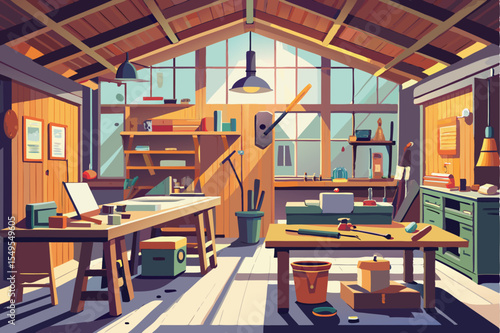 A luxury indoor library and old house interior design featuring an empty room with antique wood furniture, chairs, and a lamp