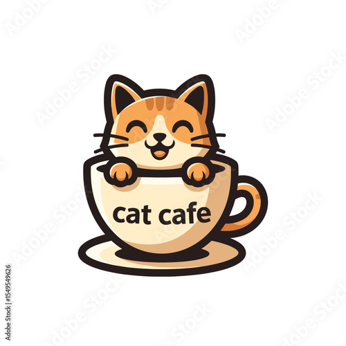 Cute cartoon cat in coffee cup logo