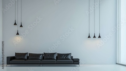 Modern living room interior design with black leather sofa and pendant lights.