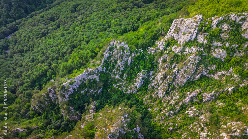 Fototapeta premium High quality summer scenic drone aerial footage of Tasnei Gorges in Mehedinti Mountains, Carpathians, Romania, Europe