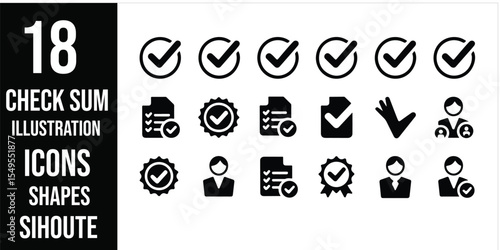 Illustration of  eighteen check sum icons shapes and silhouette in black and white color scheme