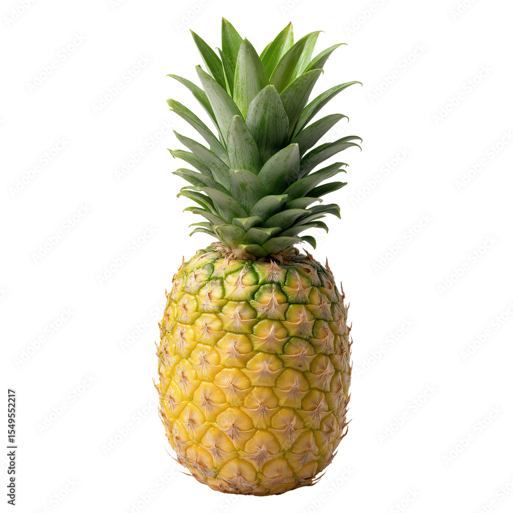 Fototapeta premium Studio shot of a fresh, ripe pineapple. One whole pineapple, showcasing the textured golden skin and the vibrant yellow, succulent interior. 