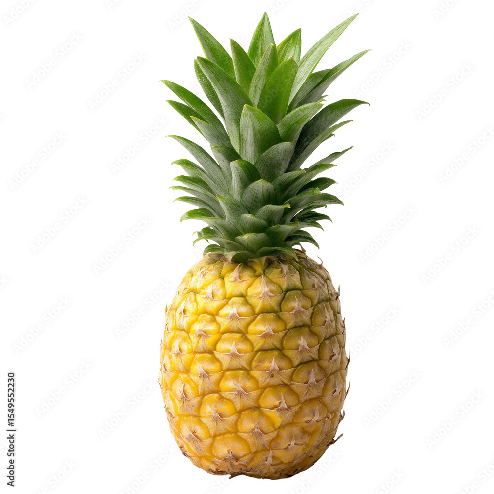 Fototapeta premium Studio shot of a fresh, ripe pineapple. One whole pineapple, showcasing the textured golden skin and the vibrant yellow, succulent interior.