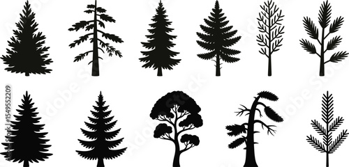 Collection of various pine and fir tree silhouette vector icons isolated on white background