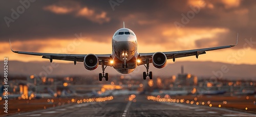 Airbus A320 Airplane Landing at Sunset: Dramatic Low-Angle View of Aircraft Approaching Runway in Urban Setting