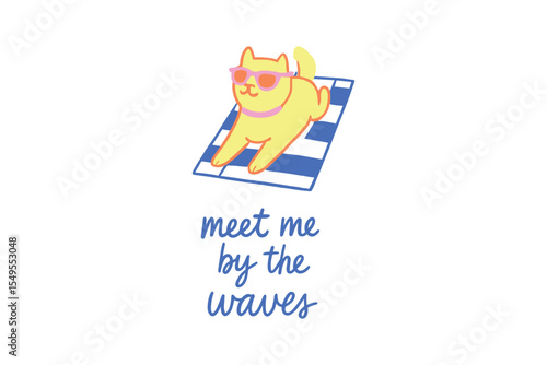Cat sunglasses beach towel meet me by the waves flat vector bright clipart