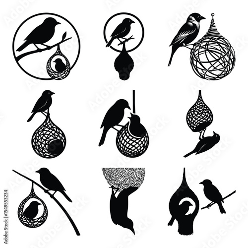 Weaver birds nest logo icon set silhouette black clipart