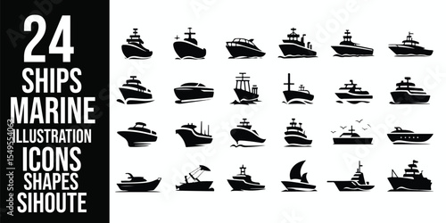 Collection of twenty four ship icons in black silhouette on a white background illustration vector