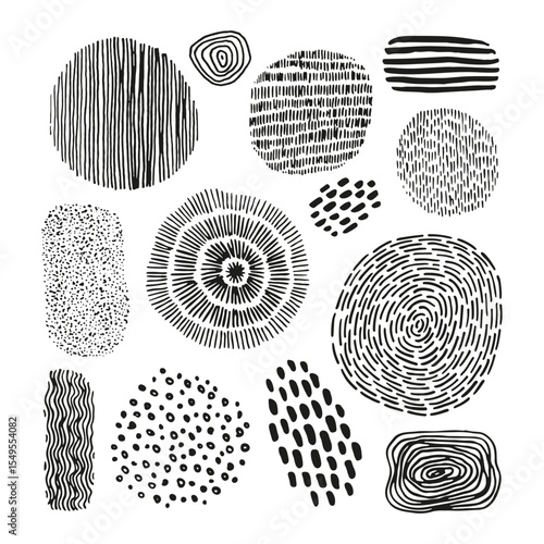 Design elements, textured shapes from lines, dots, spirals and spots isolated on white background. Oval and round doodle elements for decoration.