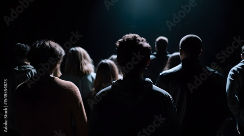 Silhouetted crowd under spotlight, backs turned, creating a sense of mystery and anticipation.