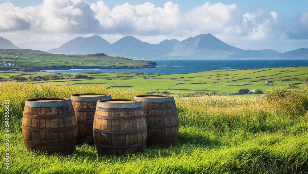 Fototapeta premium Wooden barrels on a grassy hill overlooking a bay and mountains