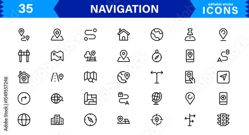 Navigation Icon Set Featuring Map, Compass, Direction, Location, and GPS Concepts in a Simple, Download-Ready, and Professional Vector Style