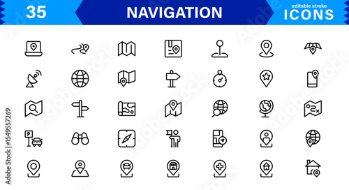 Navigation Icon Set Featuring Map, Compass, Direction, Location, and GPS Concepts in a Simple, Download-Ready, and Professional Vector Style