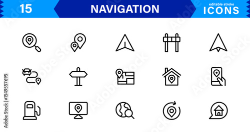 Navigation Icon Set Featuring Map, Compass, Direction, Location, and GPS Concepts in a Simple, Download-Ready, and Professional Vector Style