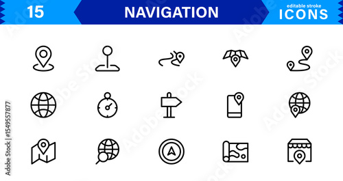 Navigation Icon Set Featuring Map, Compass, Direction, Location, and GPS Concepts in a Simple, Download-Ready, and Professional Vector Style