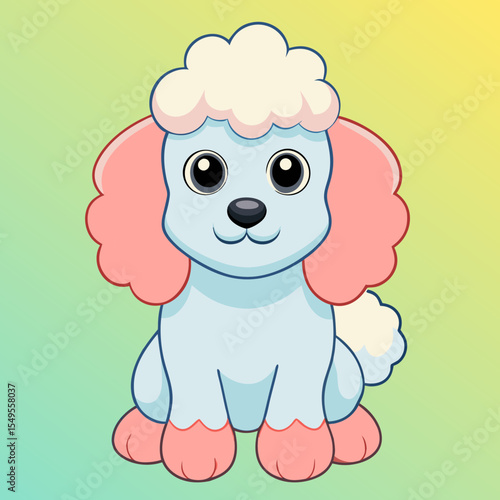 white poodle sitting on hind legs on blue background