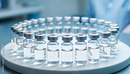 Multiple glass vials with clear liquid arranged in a circle on a white tray in a laboratory setting
