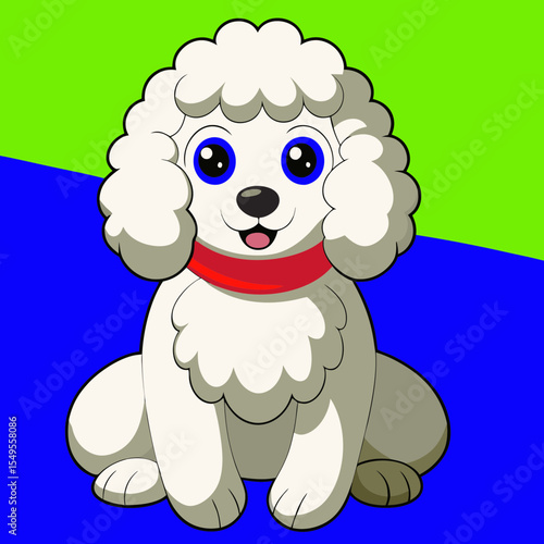 white poodle sitting on hind legs on blue background