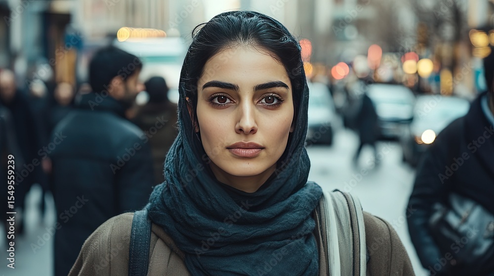 A Middle Eastern woman with a determined expression, walking through a busy city street, her face focused on her destination. A Middle Eastern woman with a determined expression, walking through a busy city street, her face focused on her destination.