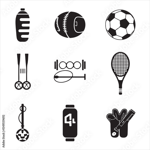 Sports Icon Silhouette Set Football, Badminton, Tennis, Energy Drink, Dumbbell