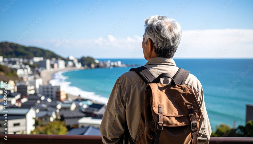 Fototapeta premium 旅行する白髪の男性の後ろ姿