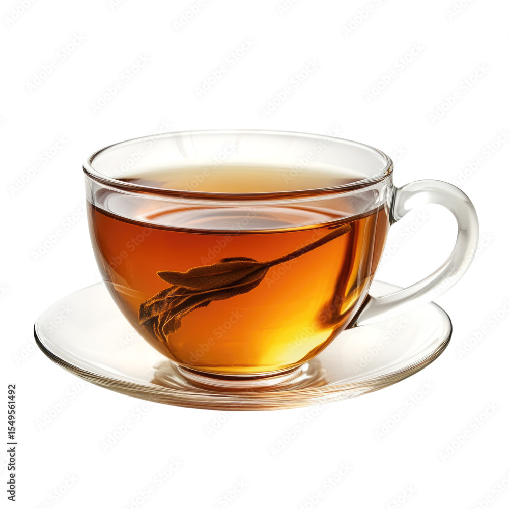 Clear glass cup filled with warm tea on a saucer and a tea bag floating inside, transparent background, cutout PNG Clear glass cup filled with warm tea on a saucer and a tea bag floating inside, transparent background, cutout PNG