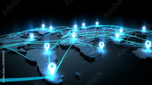 Digital world map with glowing location pins
