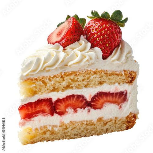 Delicious strawberry shortcake slice with whipped cream and fresh strawberries on top, transparent background, cutout PNG