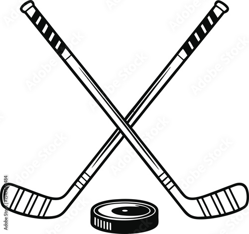 Illustration of two crossed hockey sticks and a puck, dynamic design representing ice hockey equipment, showcasing sport gear for competitive play and athletic action.