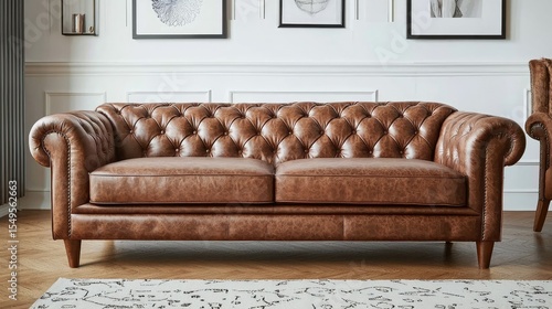 A classic leather Chesterfield sofa in a modern living room.