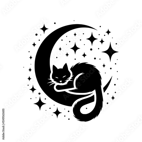 Sleeping black cat on crescent moon with stars