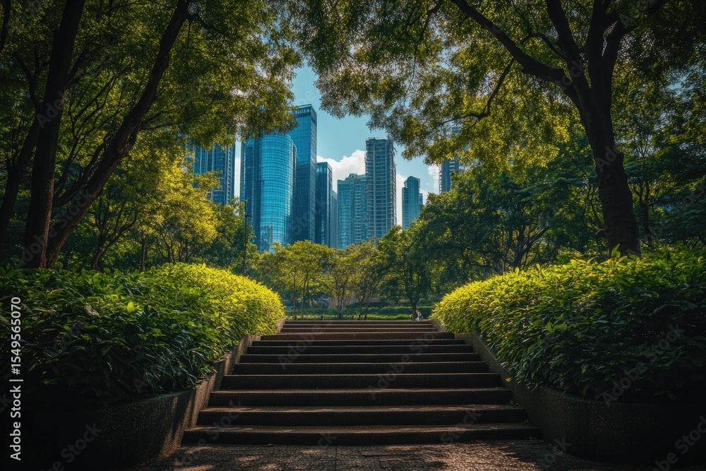 Obraz premium Urban park steps leading to a city skyline. Lush greenery frames a pathway of steps