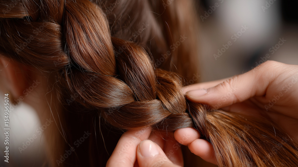 Fototapeta premium Close-up of hands braiding a classic three-strand braid on long brunette hair