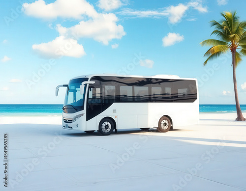 Mockup of a modern bus parked beside a tropical beach. Suitable for summer branding, vacation tours, and exotic transport marketing.