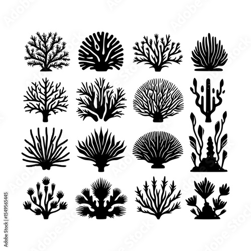 Collection of black silhouettes of various coral reef plants