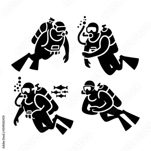 Four scuba divers underwater icons set