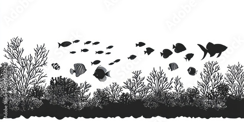 Fototapeta Naklejka Na Ścianę i Meble -  Fishes and coral illustration silhouette aquatic.