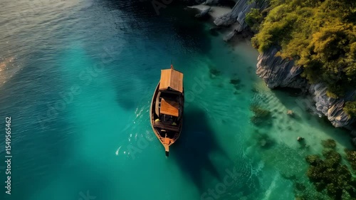 Wallpaper Mural A wooden boat sails on turquoise waters near a lush green island, showcasing a tranquil tropical scene. Torontodigital.ca