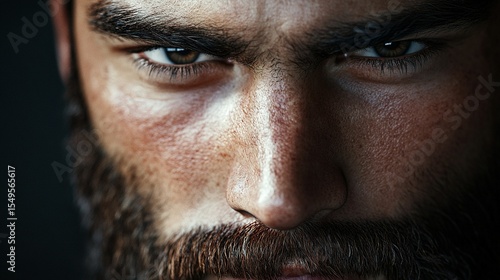 Realistic close-up of a man with dark eyes, thick beard, and smooth skin, his strong jawline highlighted by the light.