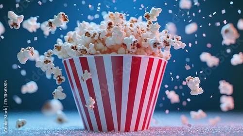 Popcorn Flying Out of Striped Container Title: Popcorn Exploding from a Red and White Striped Cup Tags